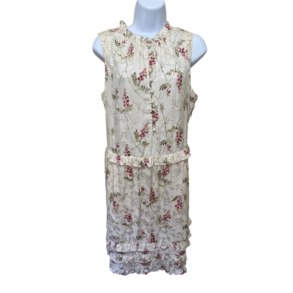 Rebecca Taylor Floral Cream Ruffle Neck Silk CottageCore Sleeveless Dress 10 NWT